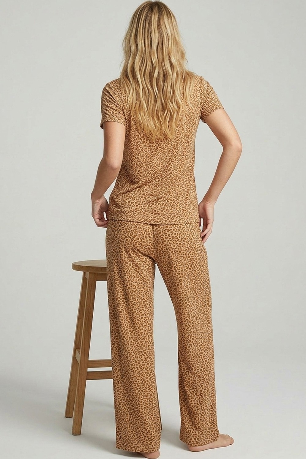 Siyah İnci Beyaz Somon Leopar Baskılı Örme Pijama Takım 7996 görsel 6