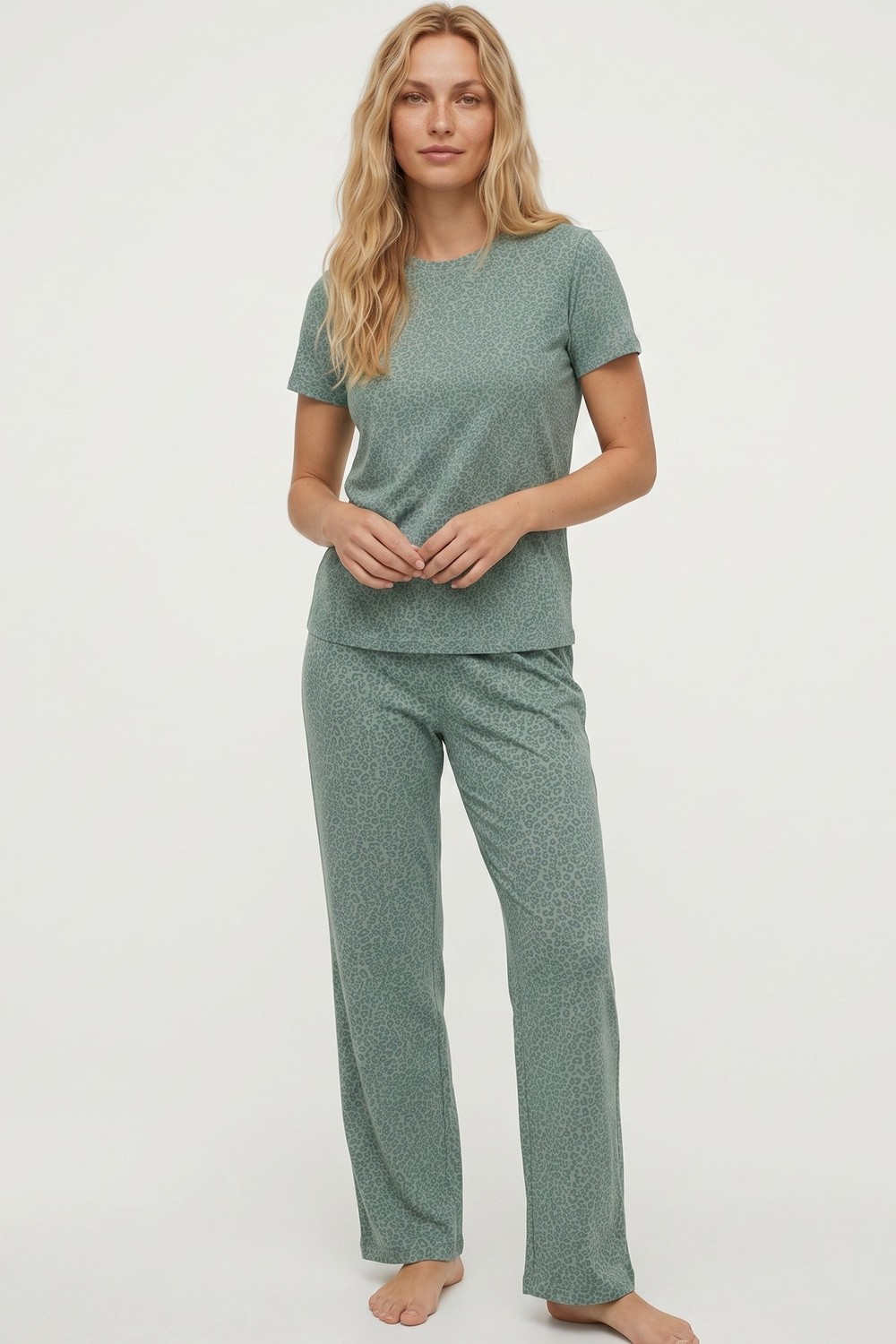 Siyah İnci Beyaz Somon Leopar Baskılı Örme Pijama Takım 7996 görsel 8