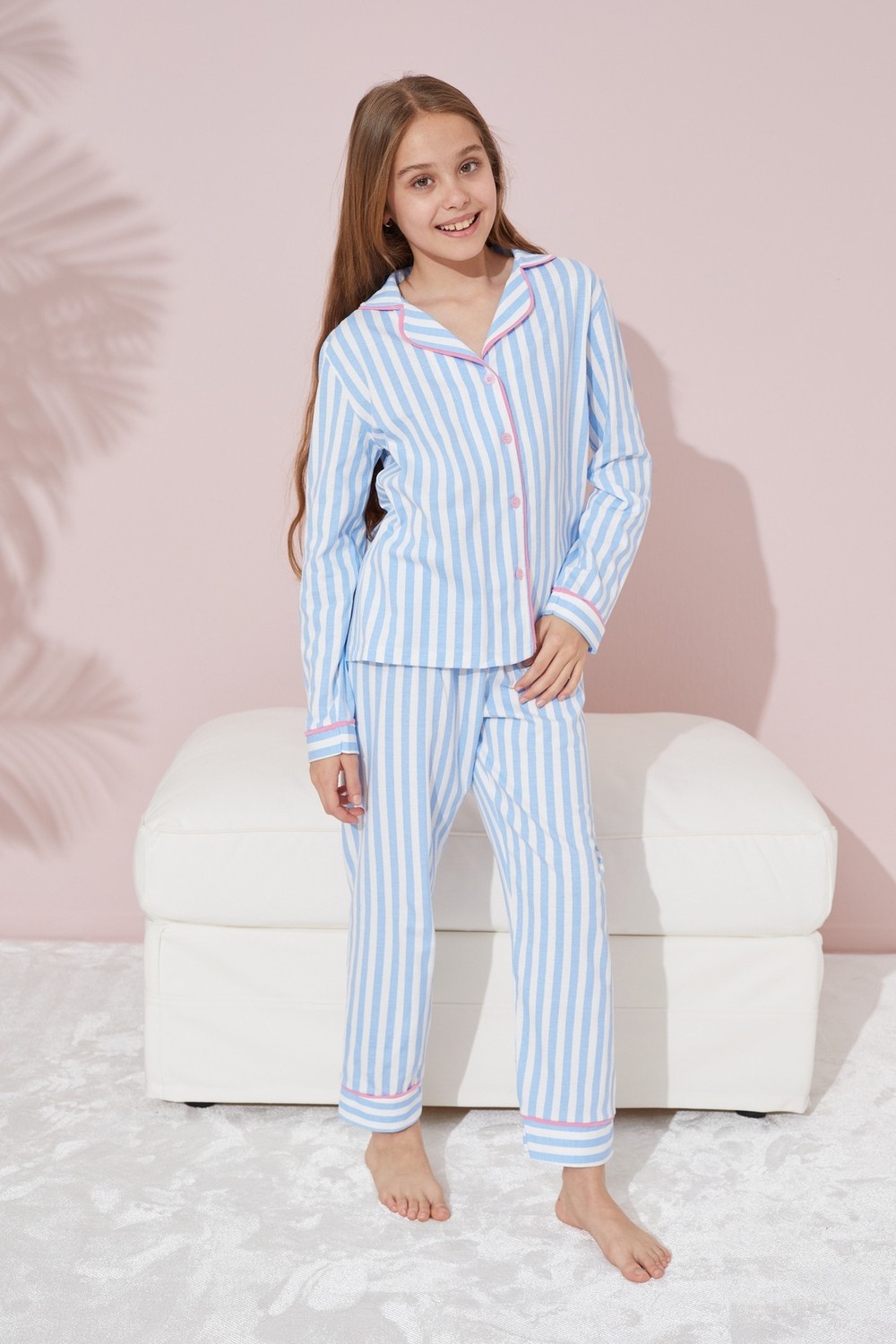 Siyah İnci Mavi Beyaz Çizgili Düğmeli Biyeli Örme Pijama Takım görsel 3