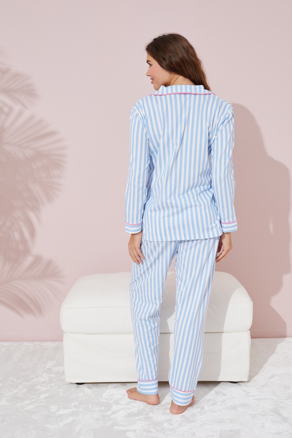 Siyah İnci Mavi Beyaz Çizgili Düğmeli Biyeli Örme Pijama Takım görsel 4