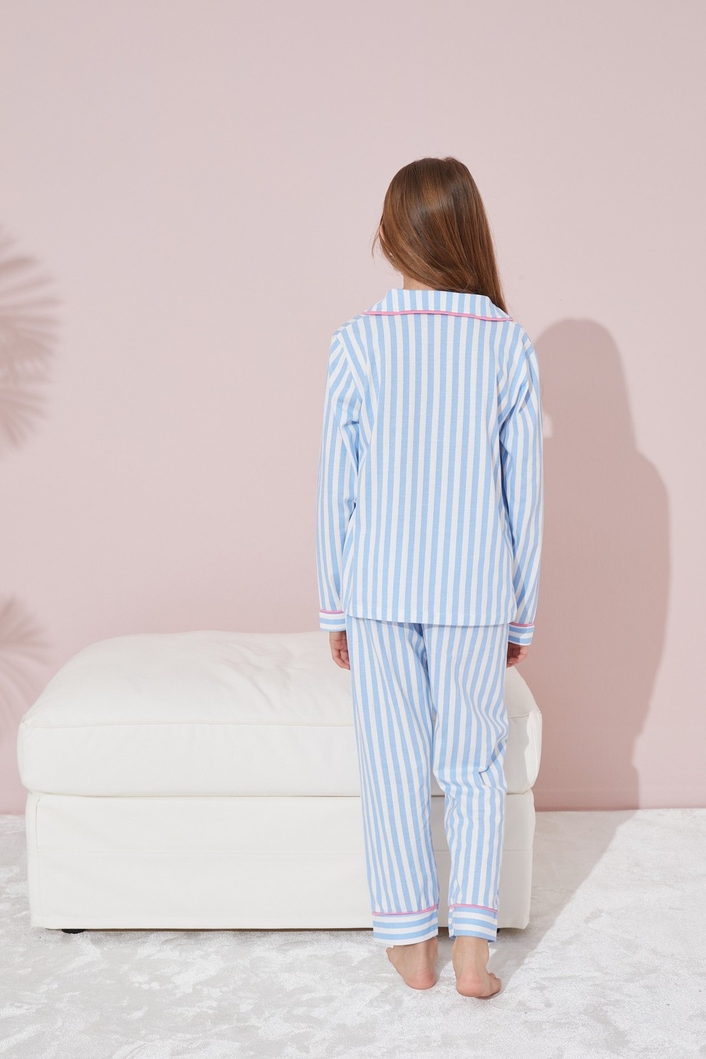 Siyah İnci Mavi Beyaz Çizgili Düğmeli Biyeli Örme Pijama Takım görsel 5