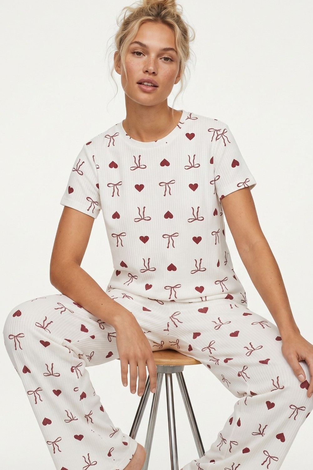 Siyah İnci Ekru Bordo Fiyonk Desenli Bisiklet Yaka Yumuşak Tuşe Yazlık Fitilli Pamuklu Örme Pijama Takım 7995