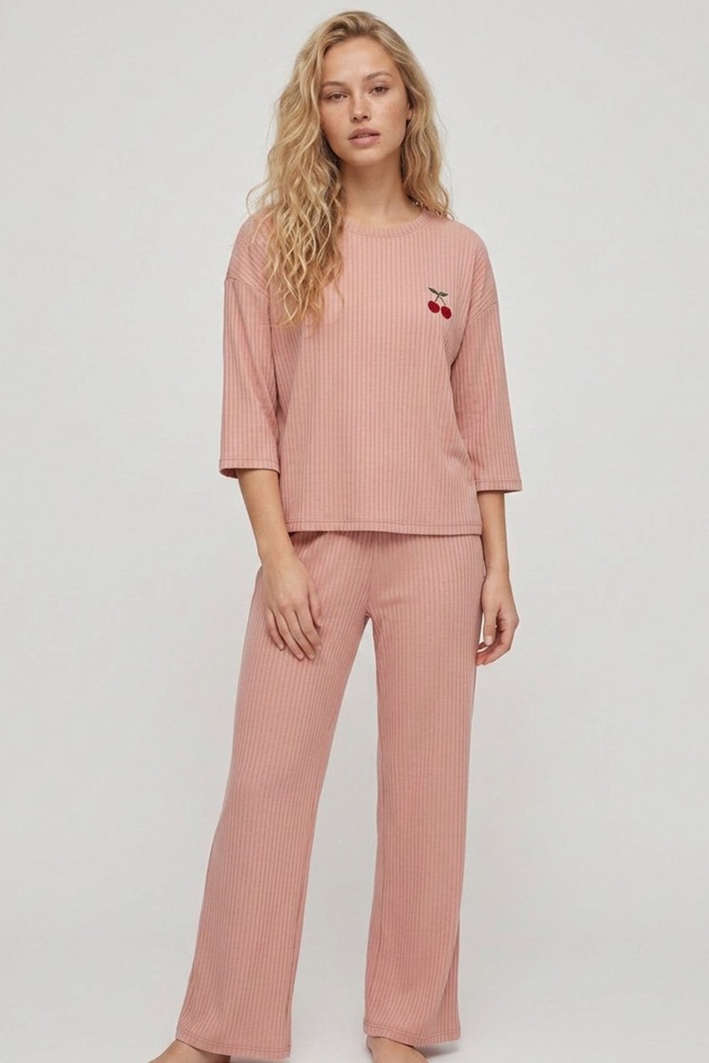 Siyah İnci Su Yeşili Soft Touch Ince Örme Nakışlı Pijama Takım görsel 2