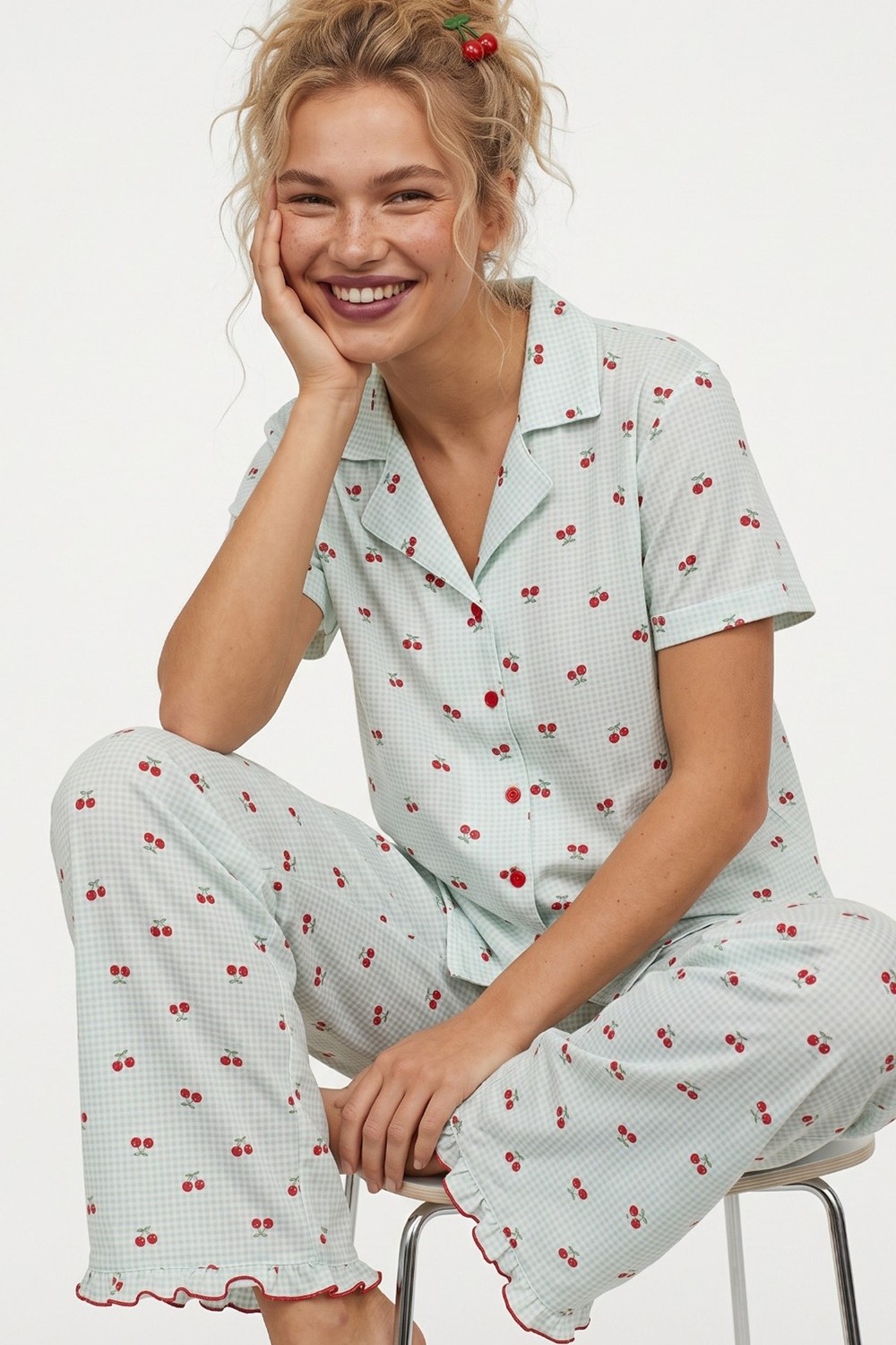 Siyah İnci Somon Kareli Kiraz Desenli Ince Soft Örme Mevsimlik Düğmeli Pijama Takımı 8043 görsel 4