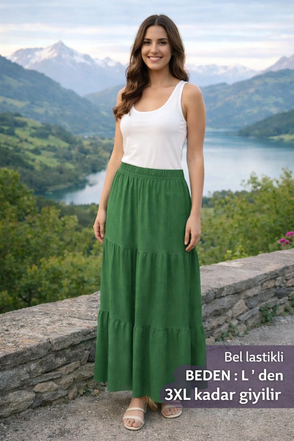 Arg Etek Belden Lastikli Yesil 1 Adet Üç Katlı Büzgülü Etek Kaliteli Güzel Şık