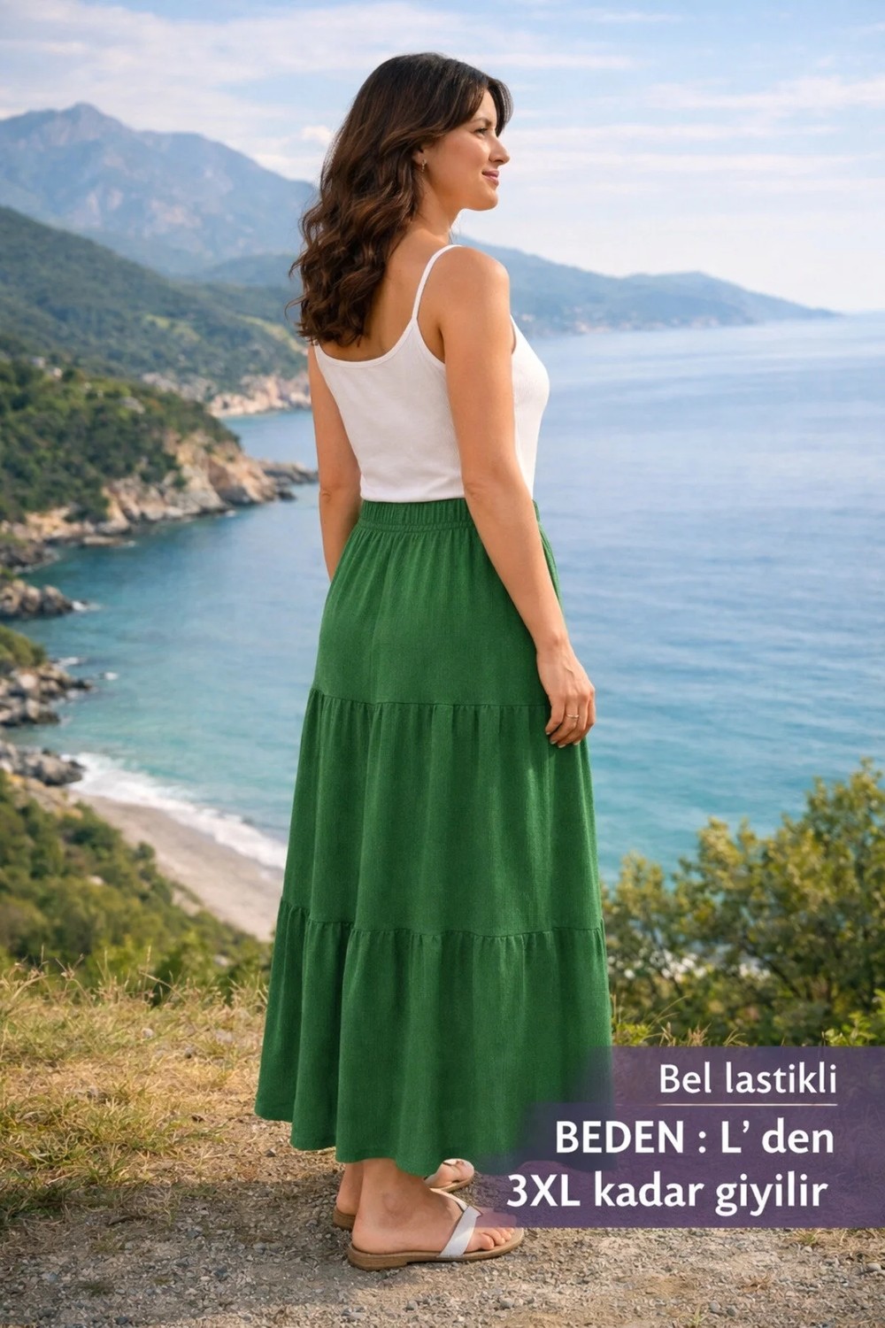 Arg Etek Belden Lastikli Yesil 1 Adet Üç Katlı Büzgülü Etek Kaliteli Güzel Şık görsel 3