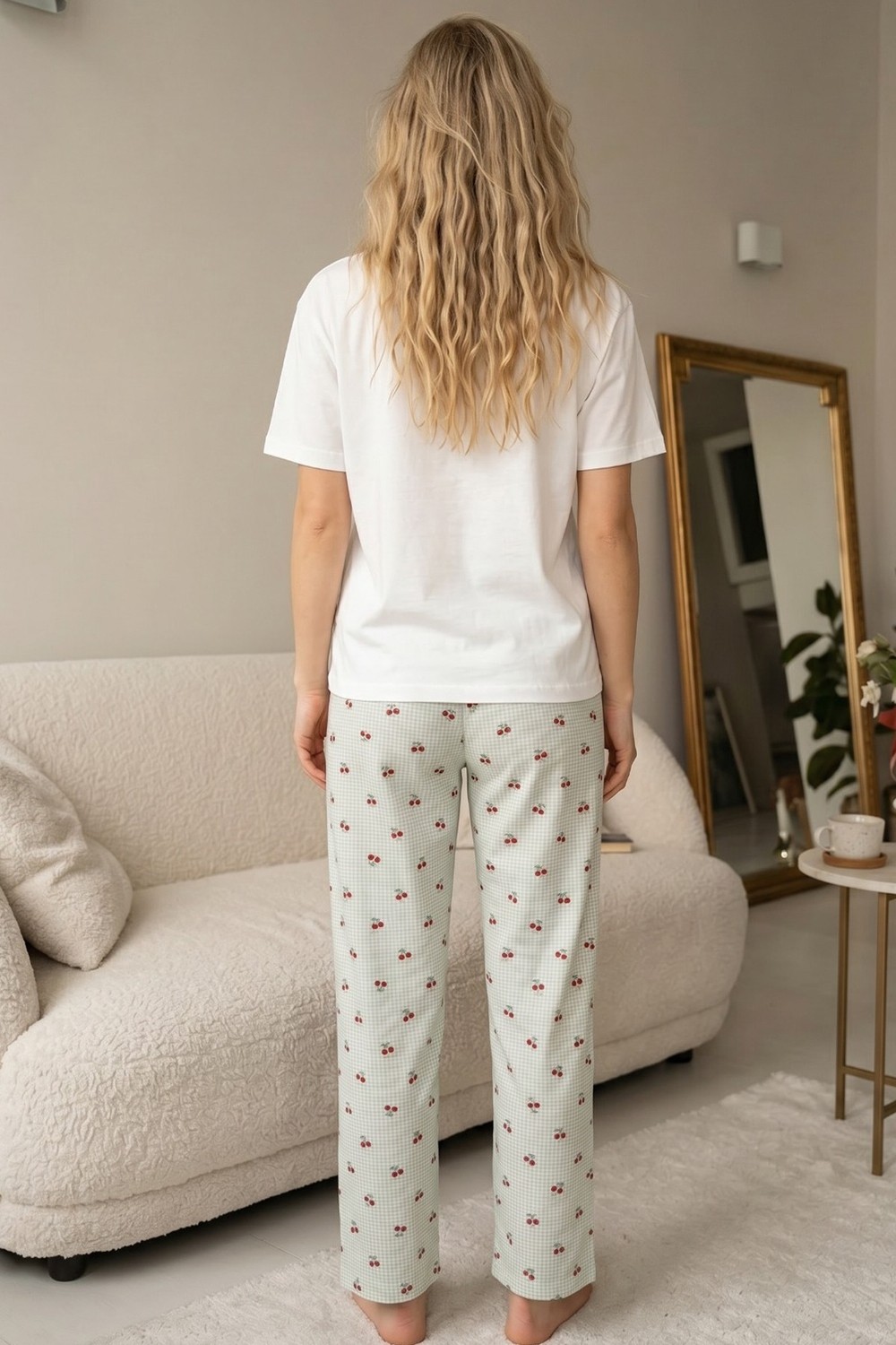 Siyah İnci Yeşil Ekose Kareli Üst Ekru Cep Nakışlı Ince Soft Örme Pijama Takımı 8041 görsel 3