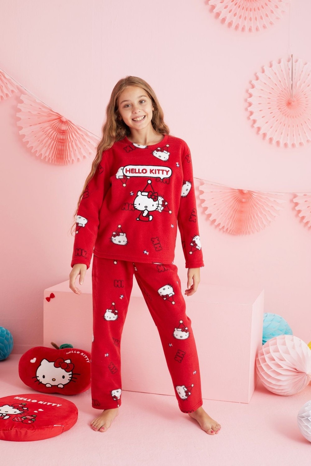 Siyah İnci Hello Kitty Lisanslı Polar Kırmızı Çok Renkli Nakışlı Bisklet Yaka Pijama Takım HK301 görsel 3