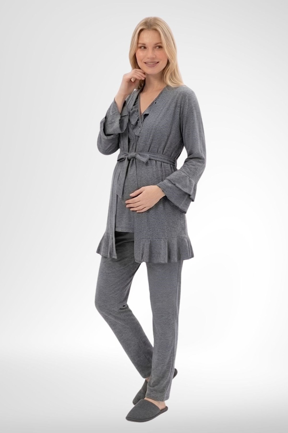 Mecit Pijama Mecit 6403 Füme Sabahlıklı Lohusa Pijama Takımı görsel 2