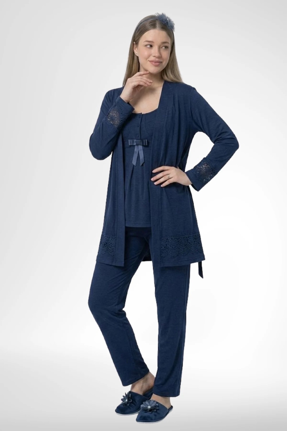 Mecit Pijama Mecit 6405 Lacivert Sabahlıklı Lohusa Pijama Takımı