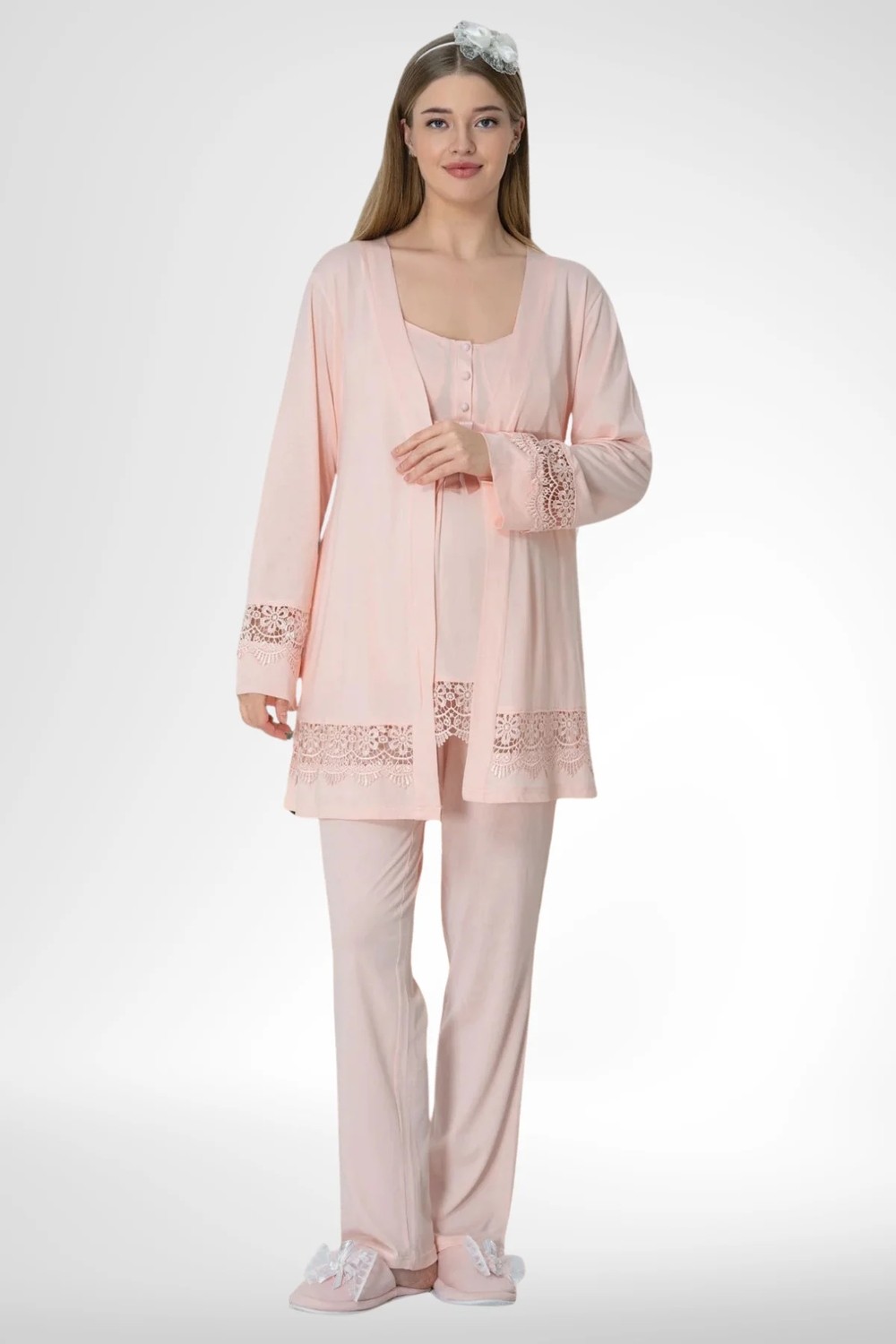 Mecit Pijama Mecit 6405 Pudra Sabahlıklı Lohusa Pijama Takımı görsel 2