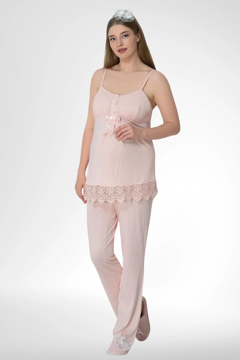 Mecit Pijama Mecit 6405 Pudra Sabahlıklı Lohusa Pijama Takımı görsel 3