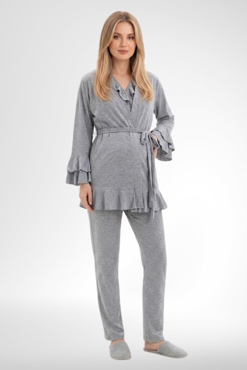 Mecit Pijama Mecit 6403 Gri Sabahlıklı Lohusa Pijama Takımı