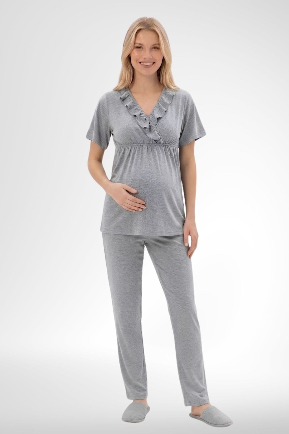 Mecit Pijama Mecit 6403 Gri Sabahlıklı Lohusa Pijama Takımı görsel 4