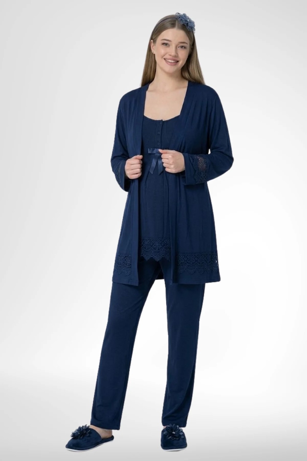 Mecit Pijama Mecit 1525 Lacivert Sabahlıklı Lohusa Pijama Takımı