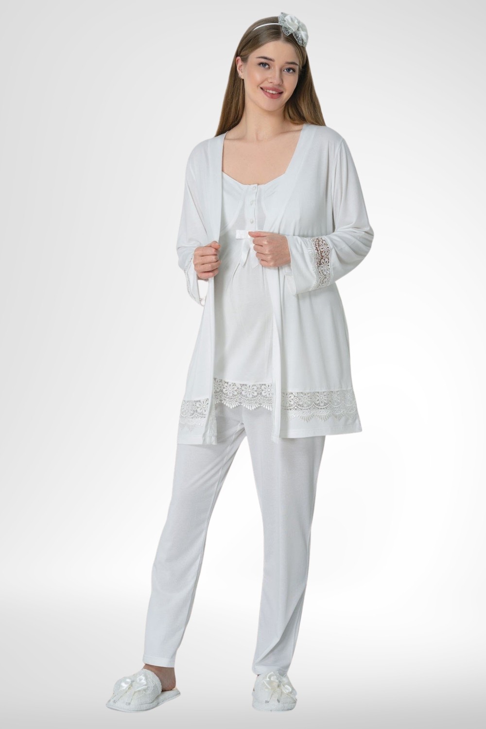 Mecit Pijama Mecit 1525 Ekru Sabahlıklı Lohusa Pijama Takımı
