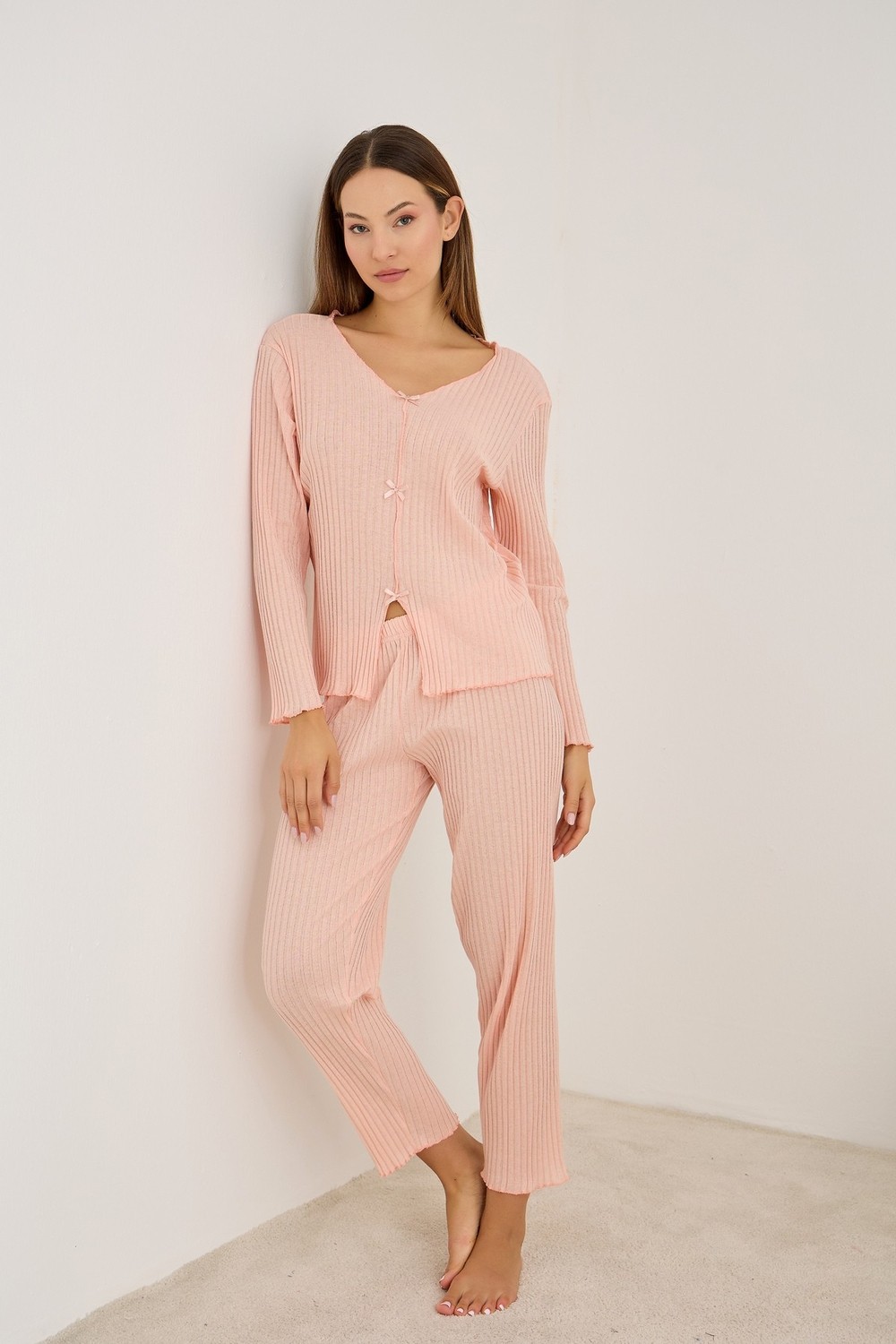 Siyah İnci Somon Fiyonklu Fitilli Kaşkorse Uzun Kollu Pijama Takım 7937 görsel 5
