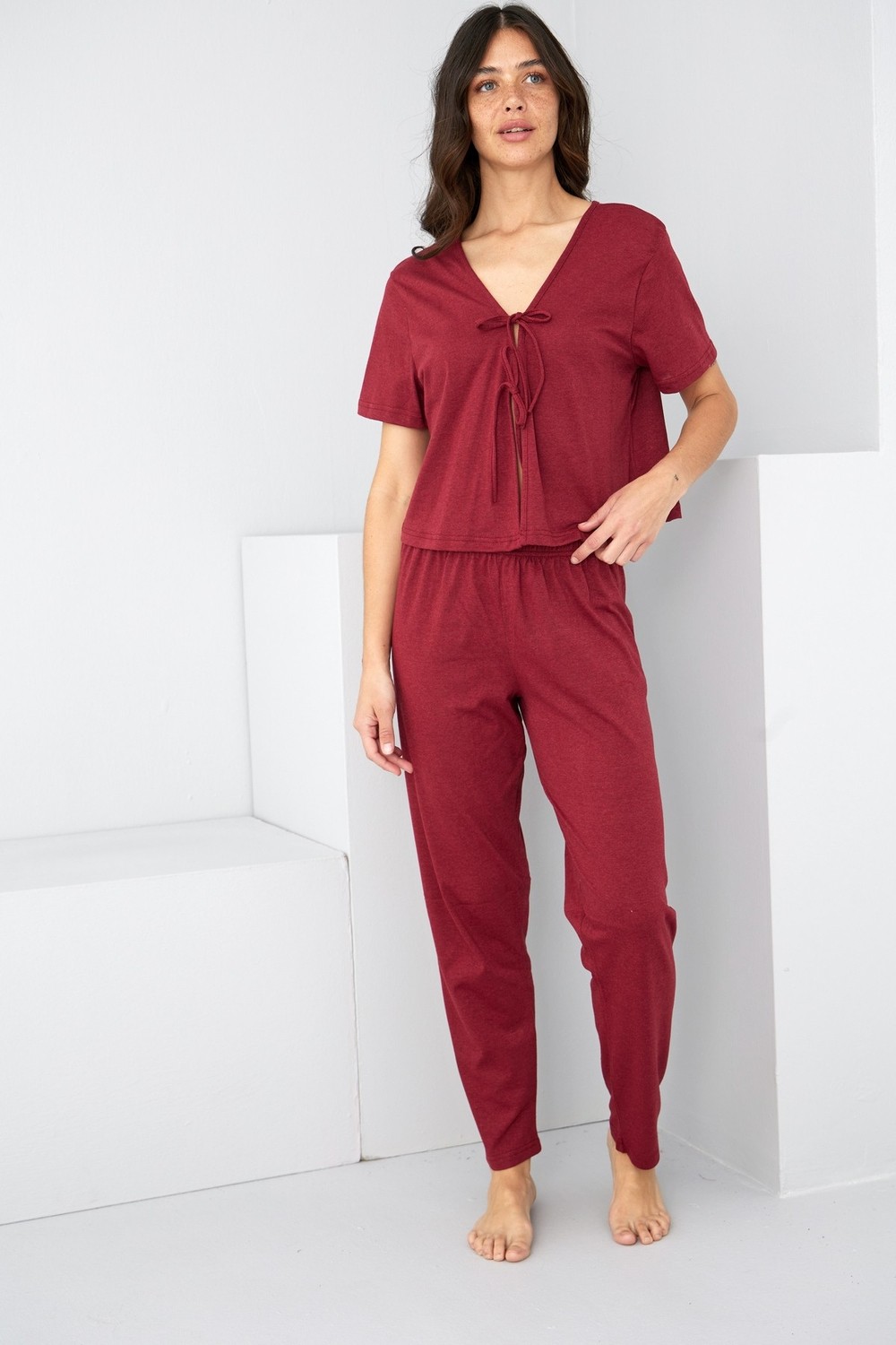 Siyah İnci Bordo Bağlamalı Örme Pijama TAKIM7889 görsel 8