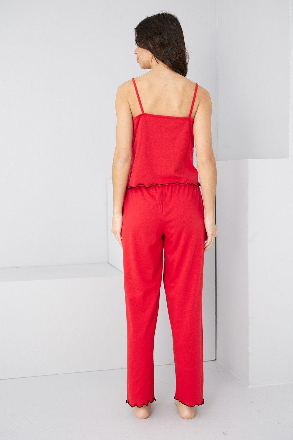 Siyah İnci Kırmızı Kalp Nakışlı Ip Askılı Örme Pijama TAKIM7883 görsel 6
