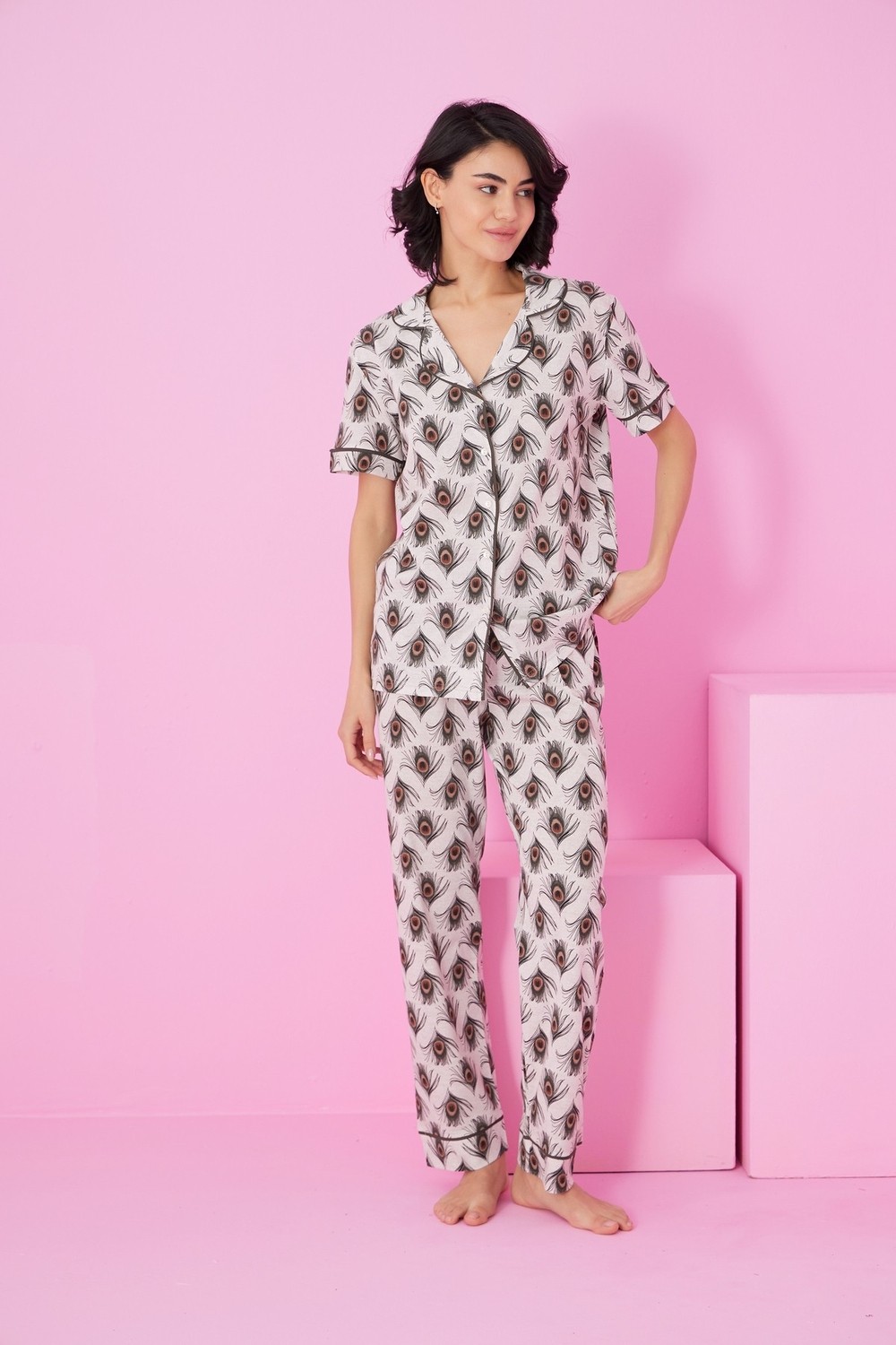 Siyah İnci Bej Melanj Desenli Desenli Kısa Kollu Düğmeli Biyeli Pijama TAKIM7854 görsel 2