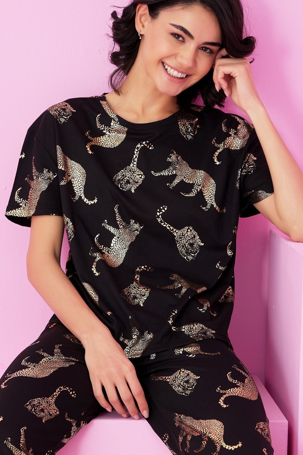 Siyah İnci Siyah Kaplan Varak Baskılı Örme Pijama TAKIM7845