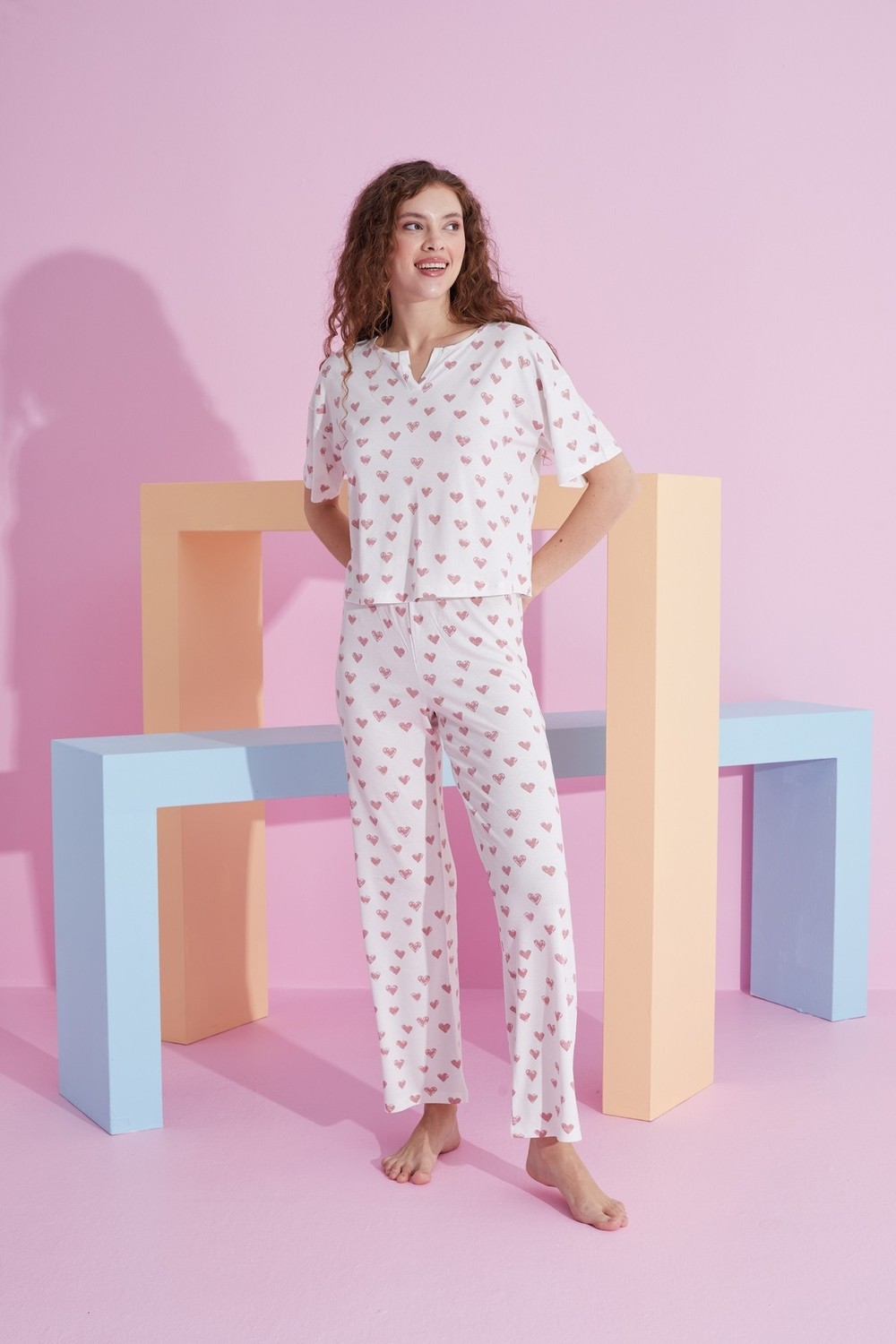 Siyah İnci Beyaz Kalp Desenli Likralı Örme Pijama Takım görsel 2