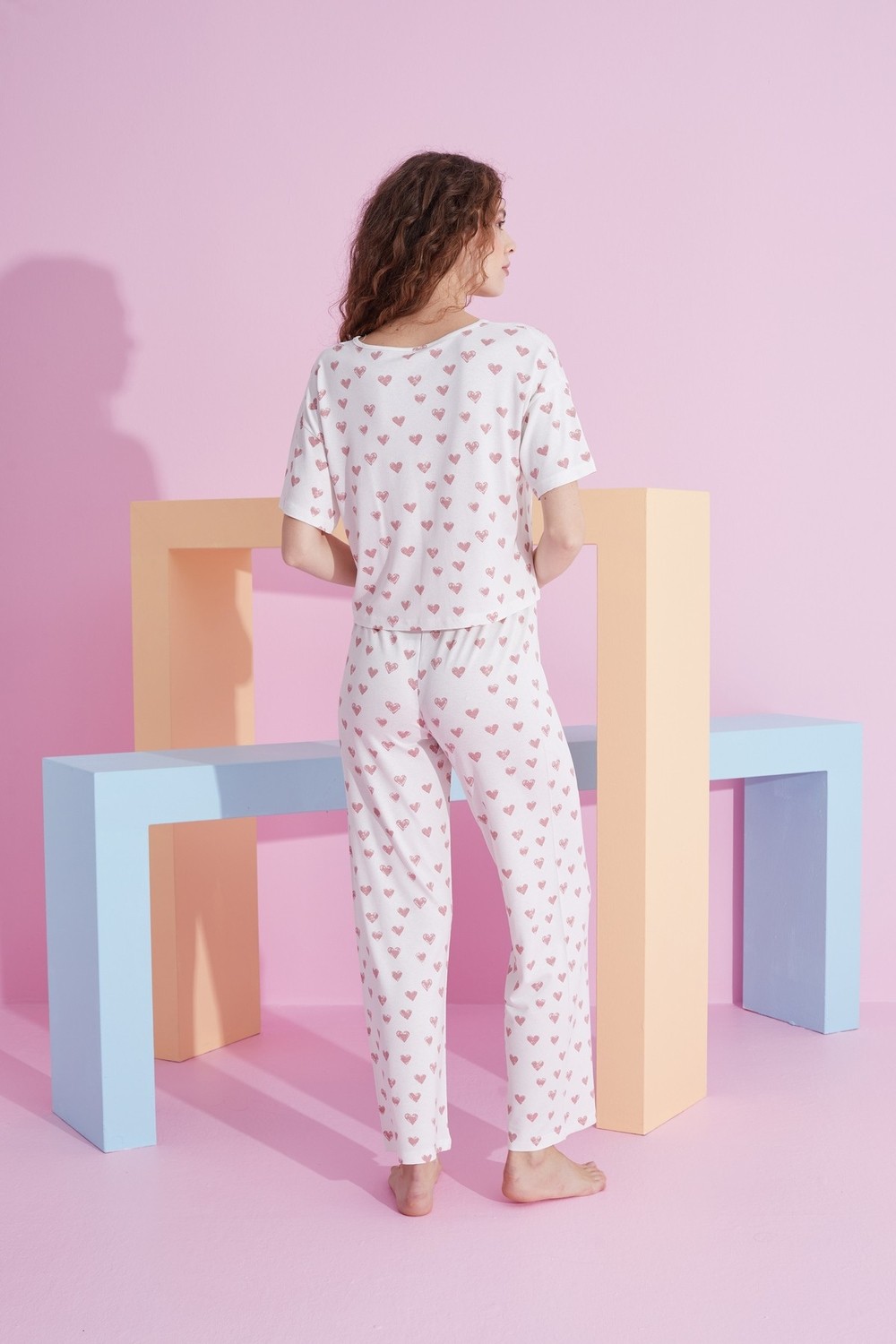 Siyah İnci Beyaz Kalp Desenli Likralı Örme Pijama Takım görsel 3