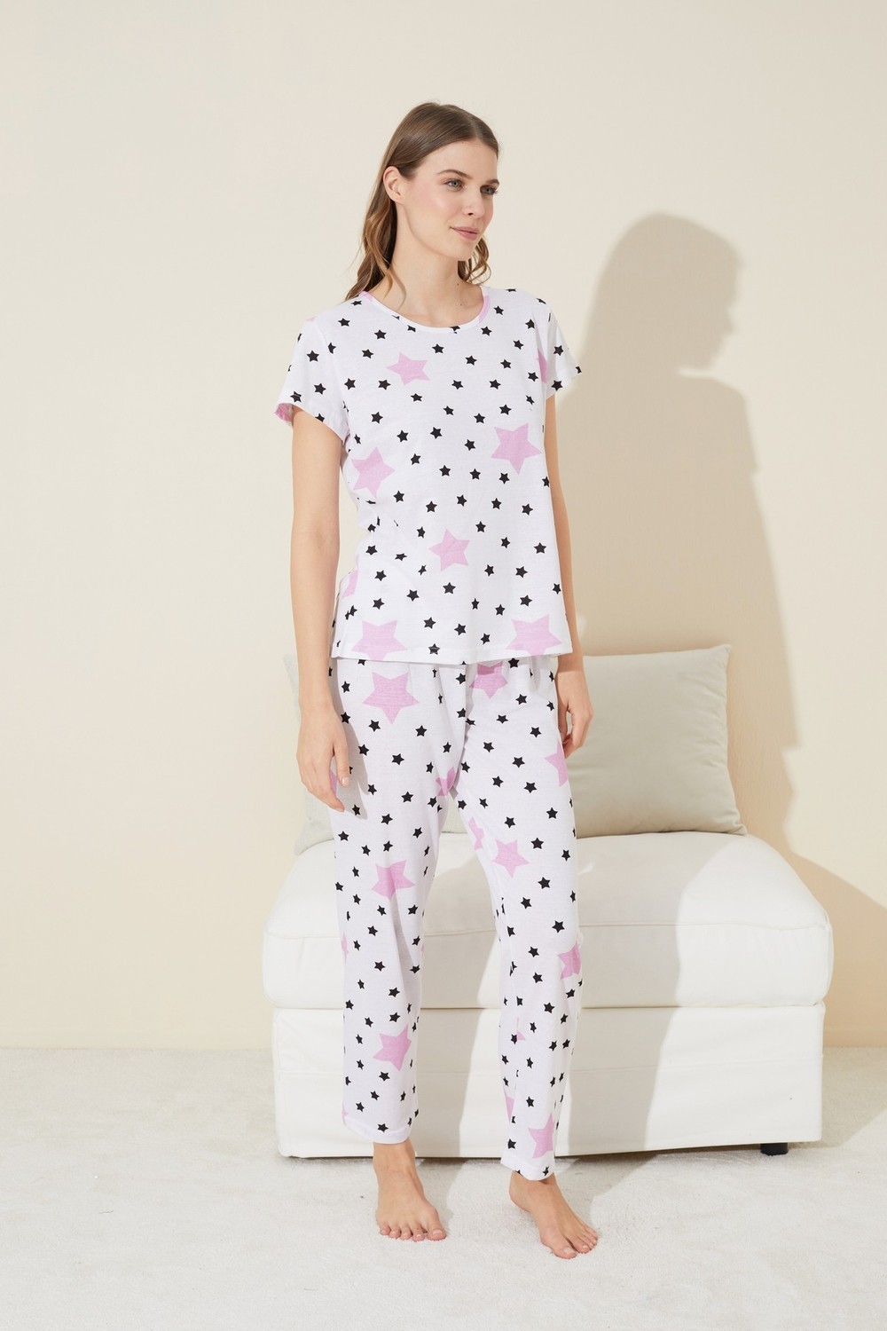 Siyah İnci Beyaz Renkli Yıldız Desenli Örme Pijama Takım görsel 2