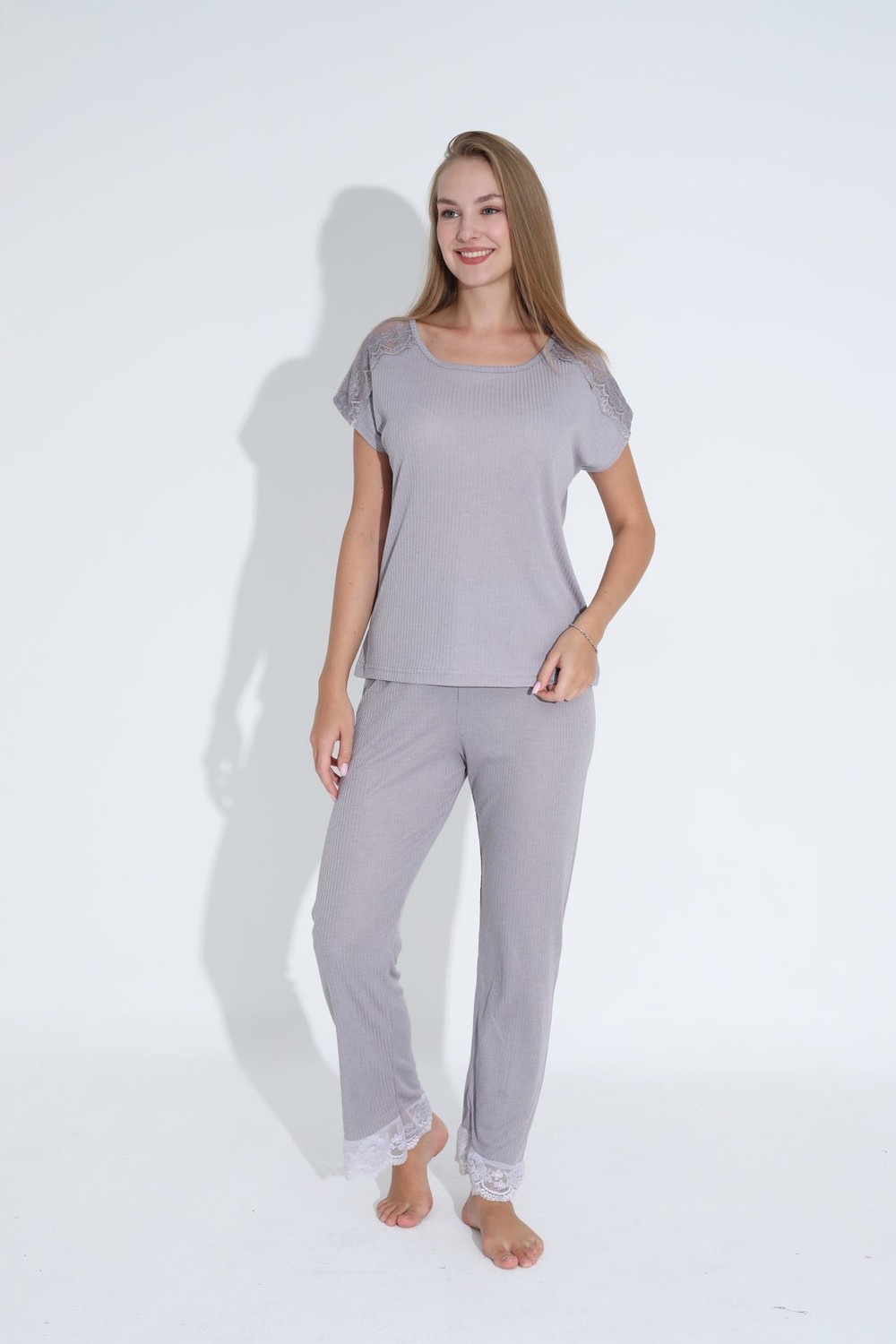 Siyah İnci Pudra Dantel Detaylı Soft Touch Ince Örme Pijama Takım görsel 3