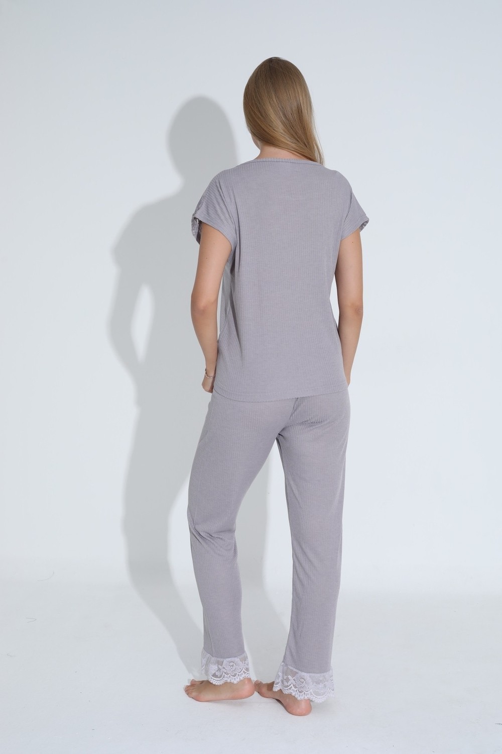 Siyah İnci Pudra Dantel Detaylı Soft Touch Ince Örme Pijama Takım görsel 4