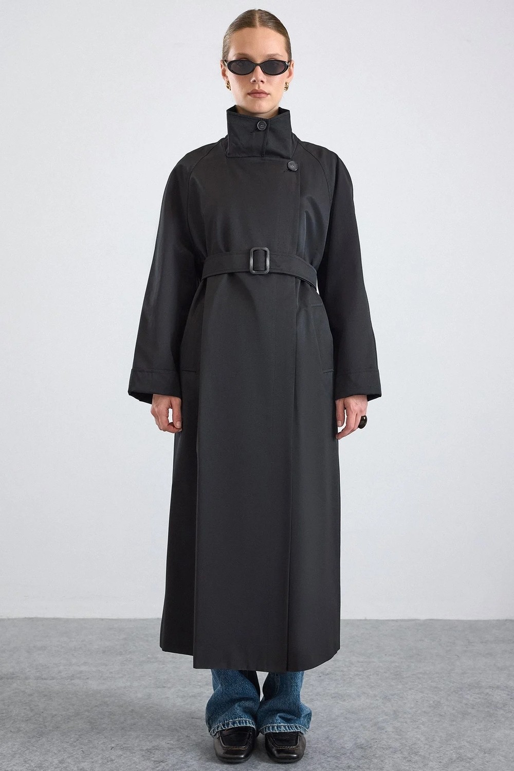 Olcay Dik Yaka Oversize Su Itici Özellikli Trençkot Siyah 6874