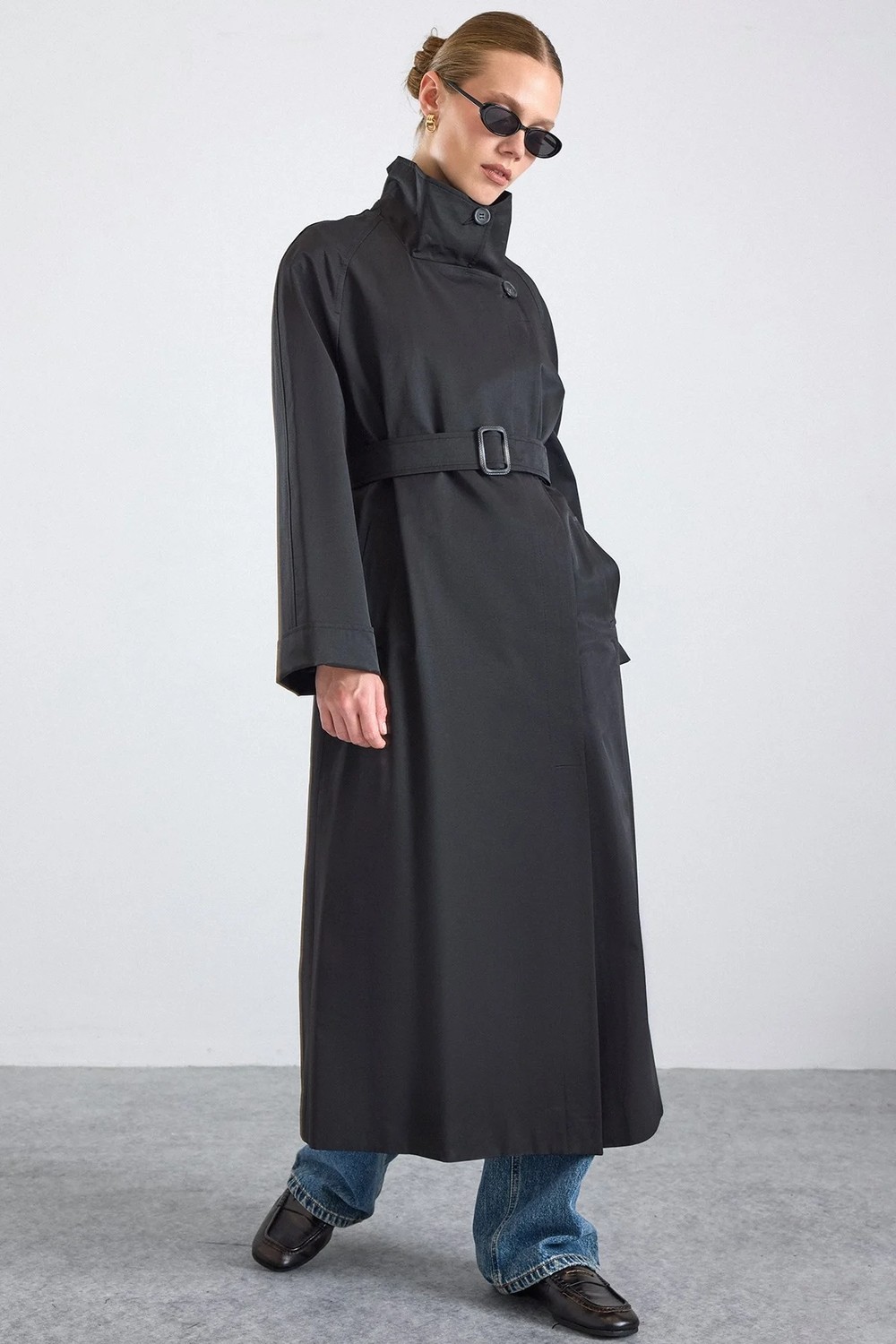 Olcay Dik Yaka Oversize Su Itici Özellikli Trençkot Siyah 6874 görsel 2