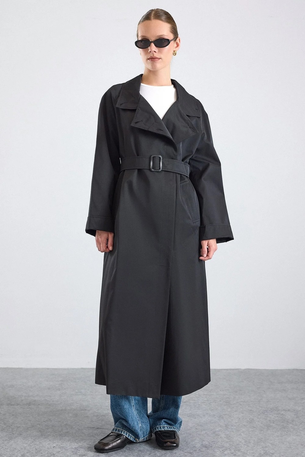 Olcay Dik Yaka Oversize Su Itici Özellikli Trençkot Siyah 6874 görsel 3
