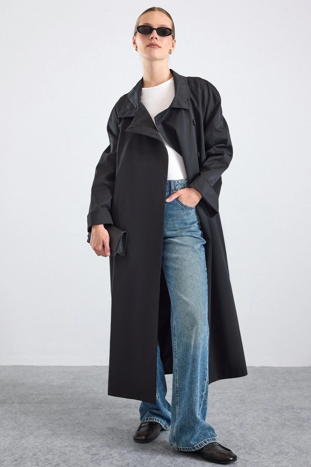 Olcay Dik Yaka Oversize Su Itici Özellikli Trençkot Siyah 6874 görsel 4