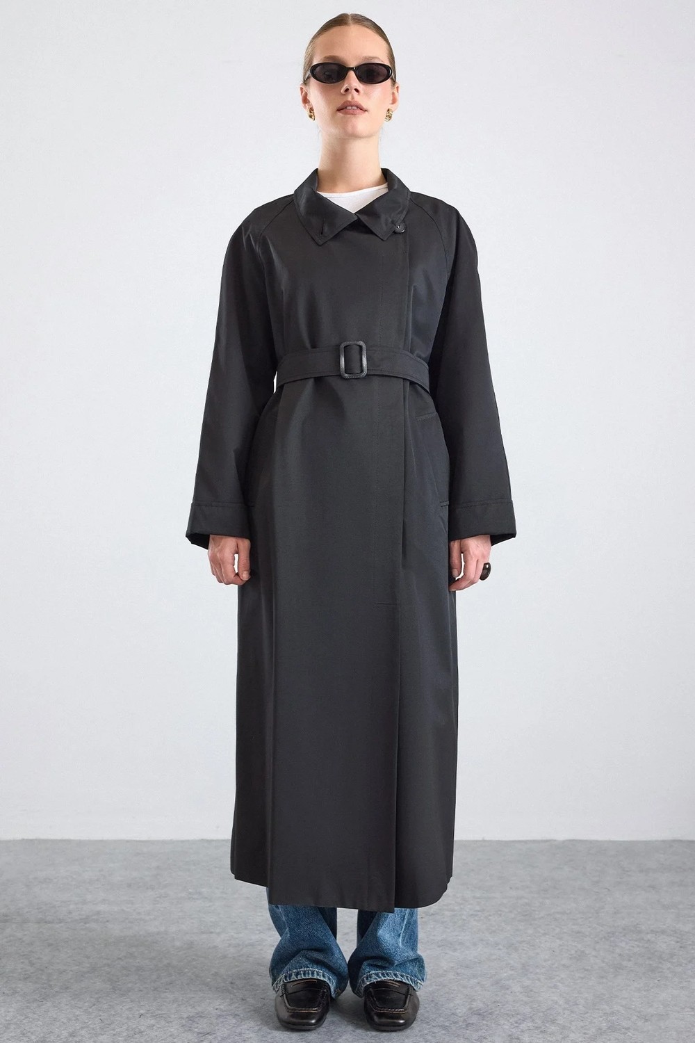 Olcay Dik Yaka Oversize Su Itici Özellikli Trençkot Siyah 6874 görsel 5