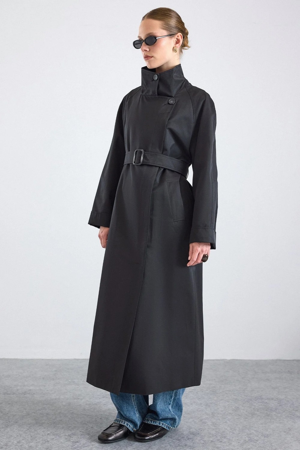 Olcay Dik Yaka Oversize Su Itici Özellikli Trençkot Siyah 6874 görsel 6