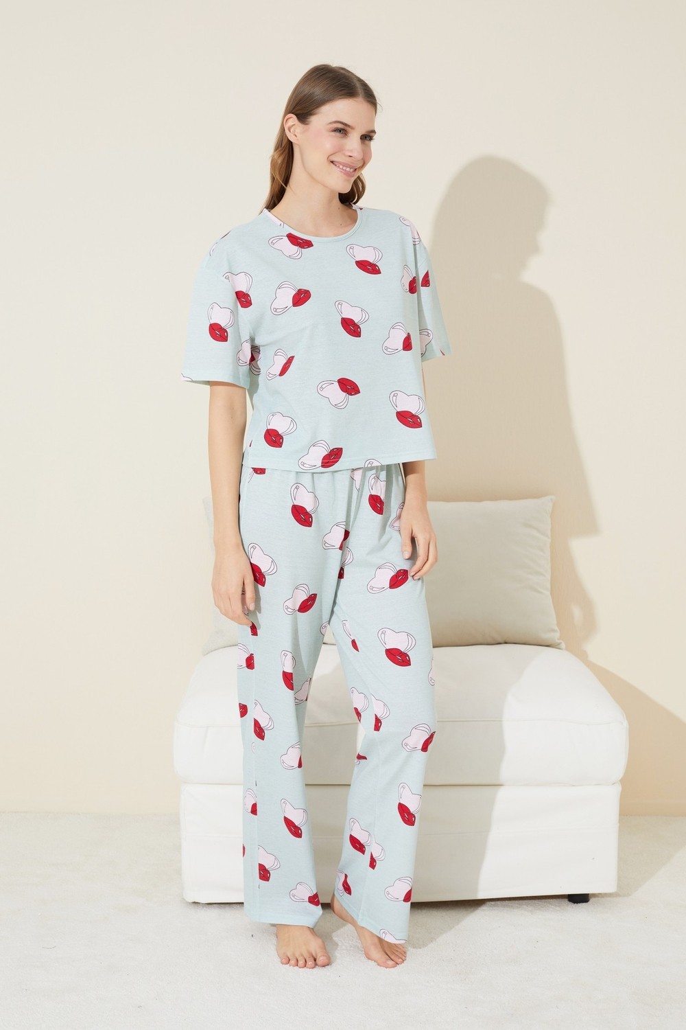 Siyah İnci Yeşil Kalp Dudak Desenli Örme Pijama Takım görsel 2