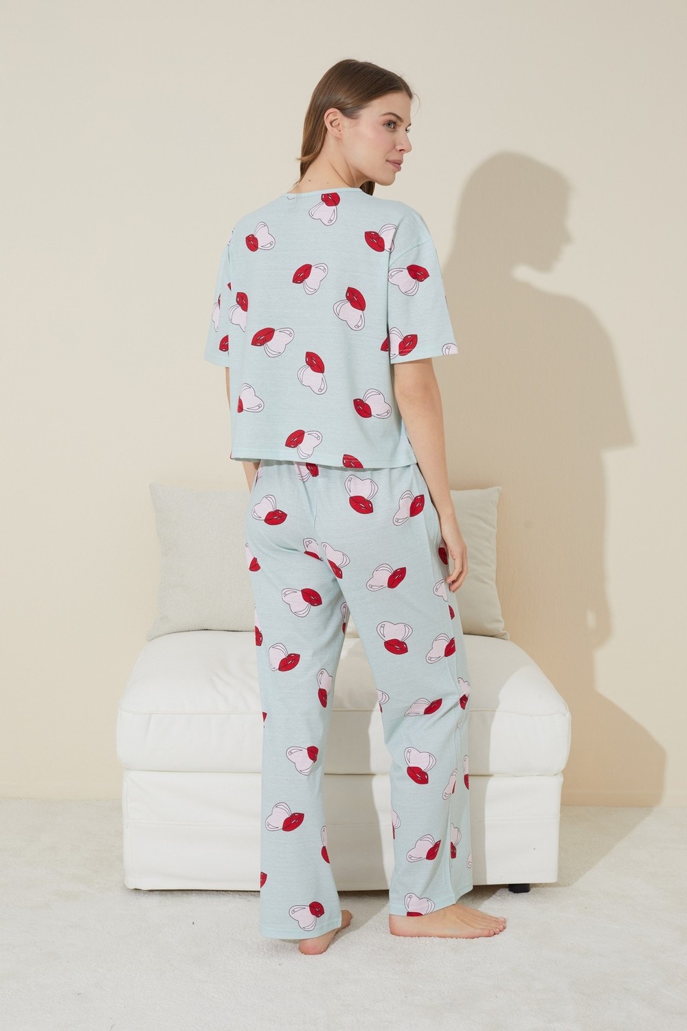 Siyah İnci Yeşil Kalp Dudak Desenli Örme Pijama Takım görsel 3