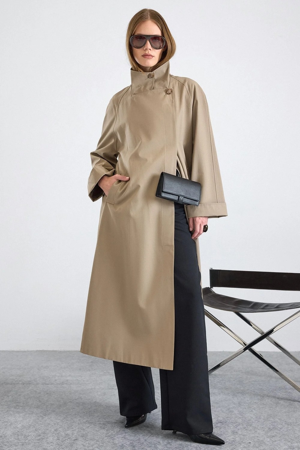 Olcay Dik Yaka Oversize Su Itici Özellikli Trençkot Taş 6874
