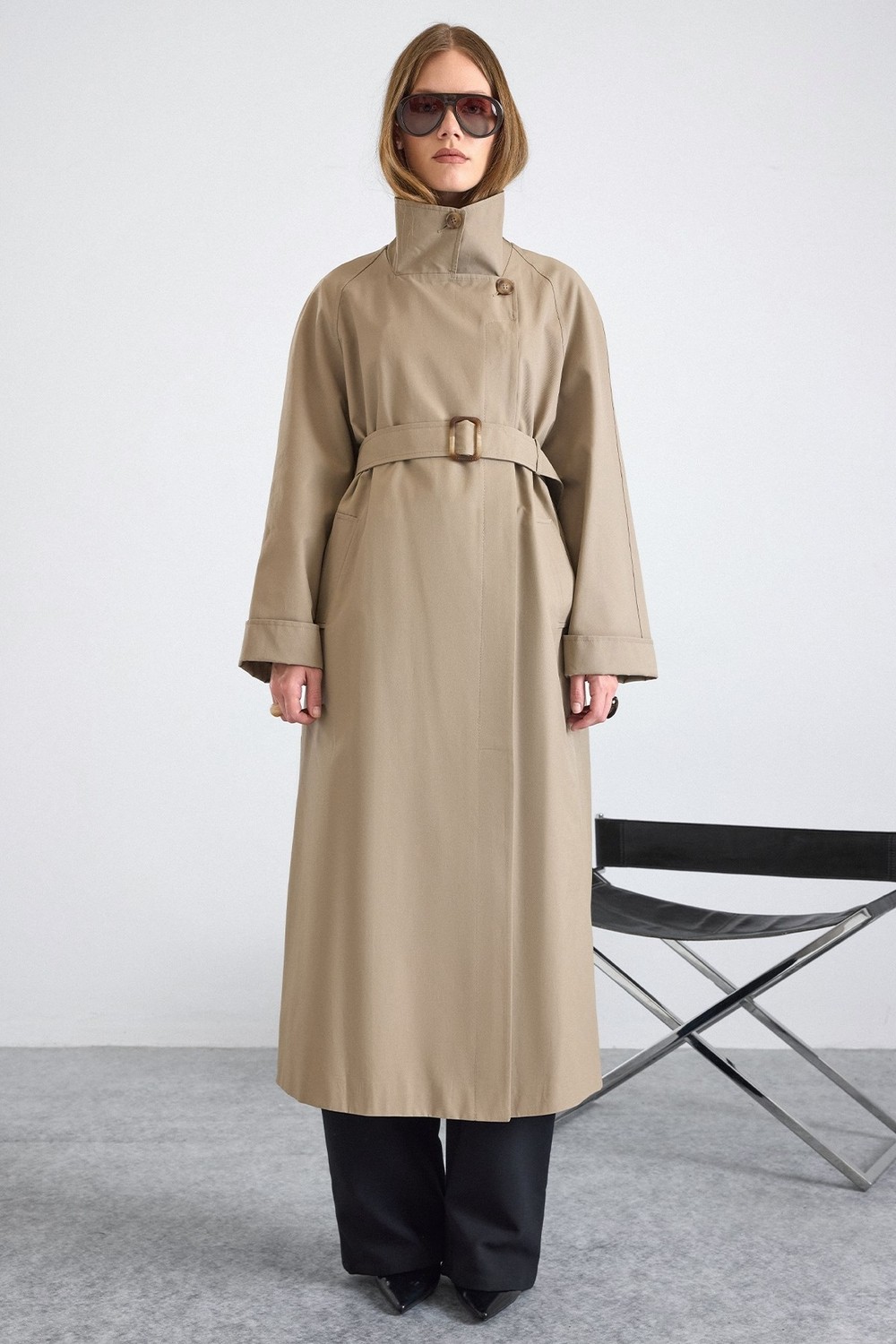 Olcay Dik Yaka Oversize Su Itici Özellikli Trençkot Taş 6874 görsel 2