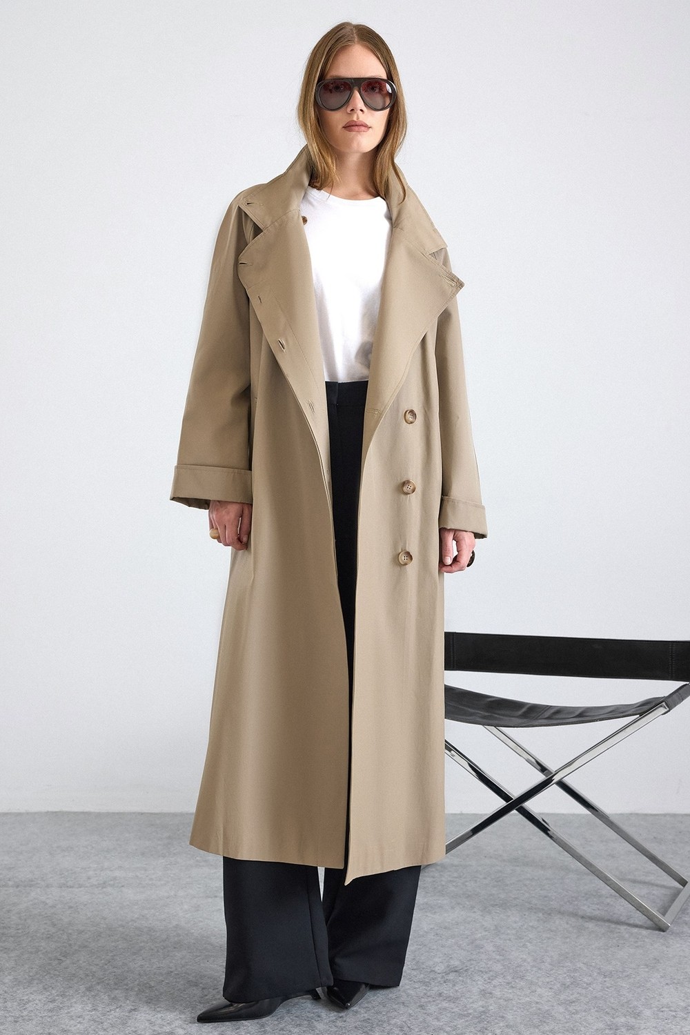 Olcay Dik Yaka Oversize Su Itici Özellikli Trençkot Taş 6874 görsel 4