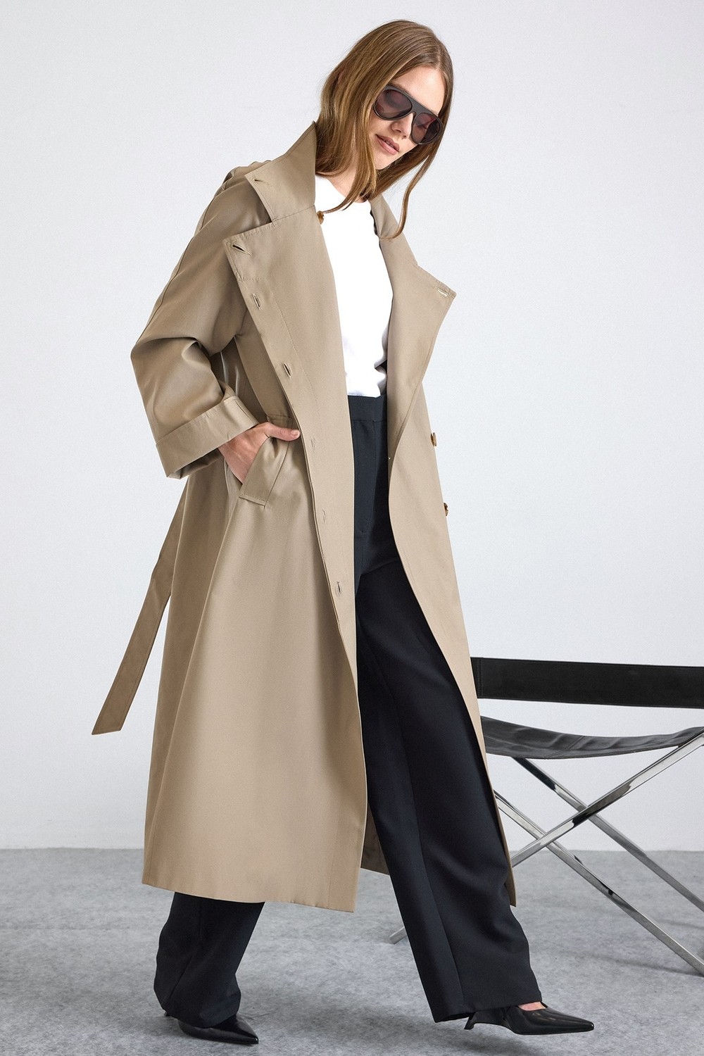 Olcay Dik Yaka Oversize Su Itici Özellikli Trençkot Taş 6874 görsel 5
