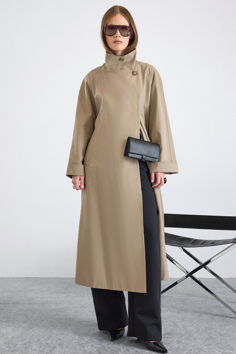 Olcay Dik Yaka Oversize Su Itici Özellikli Trençkot Taş 6874 görsel 6