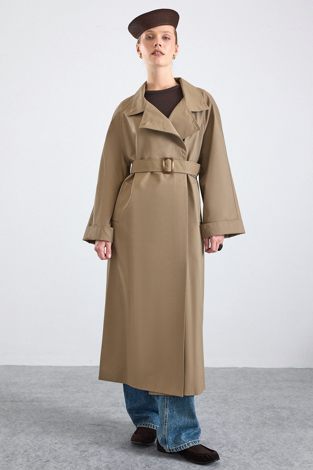 Olcay Dik Yaka Oversize Su Itici Özellikli Trençkot Vizon 6874 görsel 5