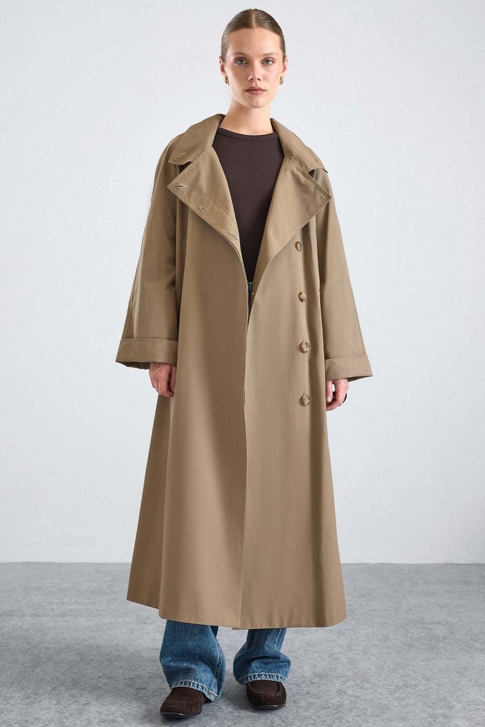 Olcay Dik Yaka Oversize Su Itici Özellikli Trençkot Vizon 6874 görsel 6