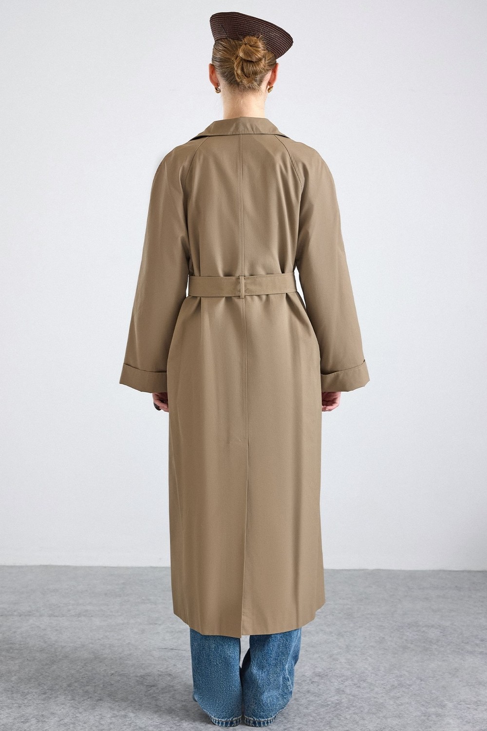Olcay Dik Yaka Oversize Su Itici Özellikli Trençkot Vizon 6874 görsel 7