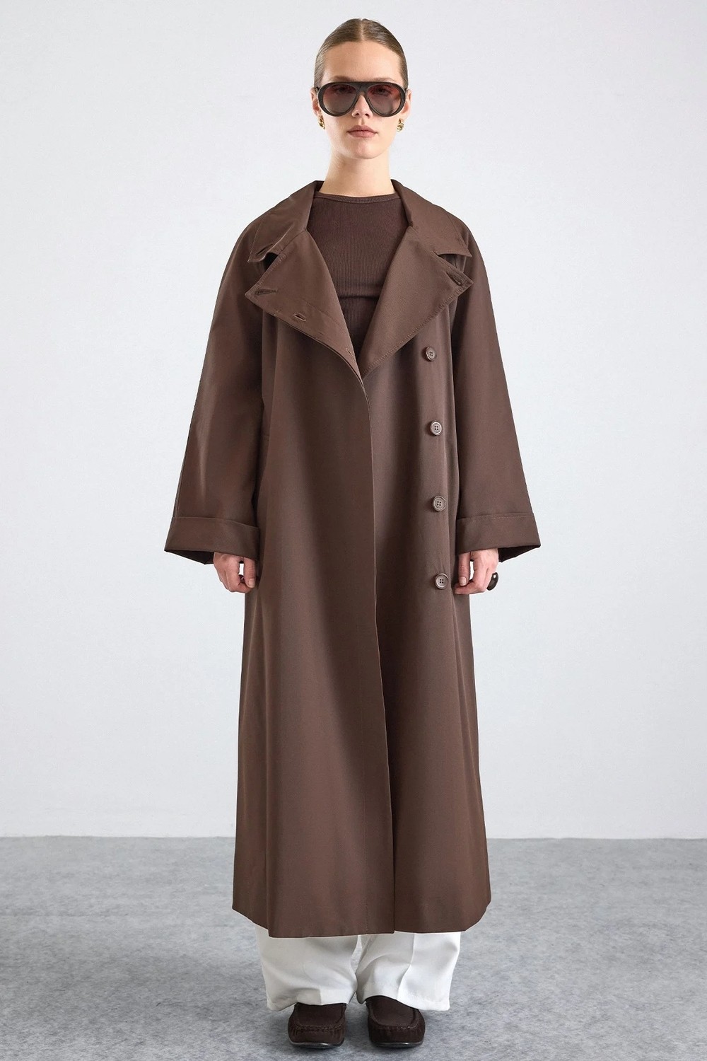 Olcay Dik Yaka Oversize Su Itici Özellikli Trençkot Kahve 6874 görsel 3