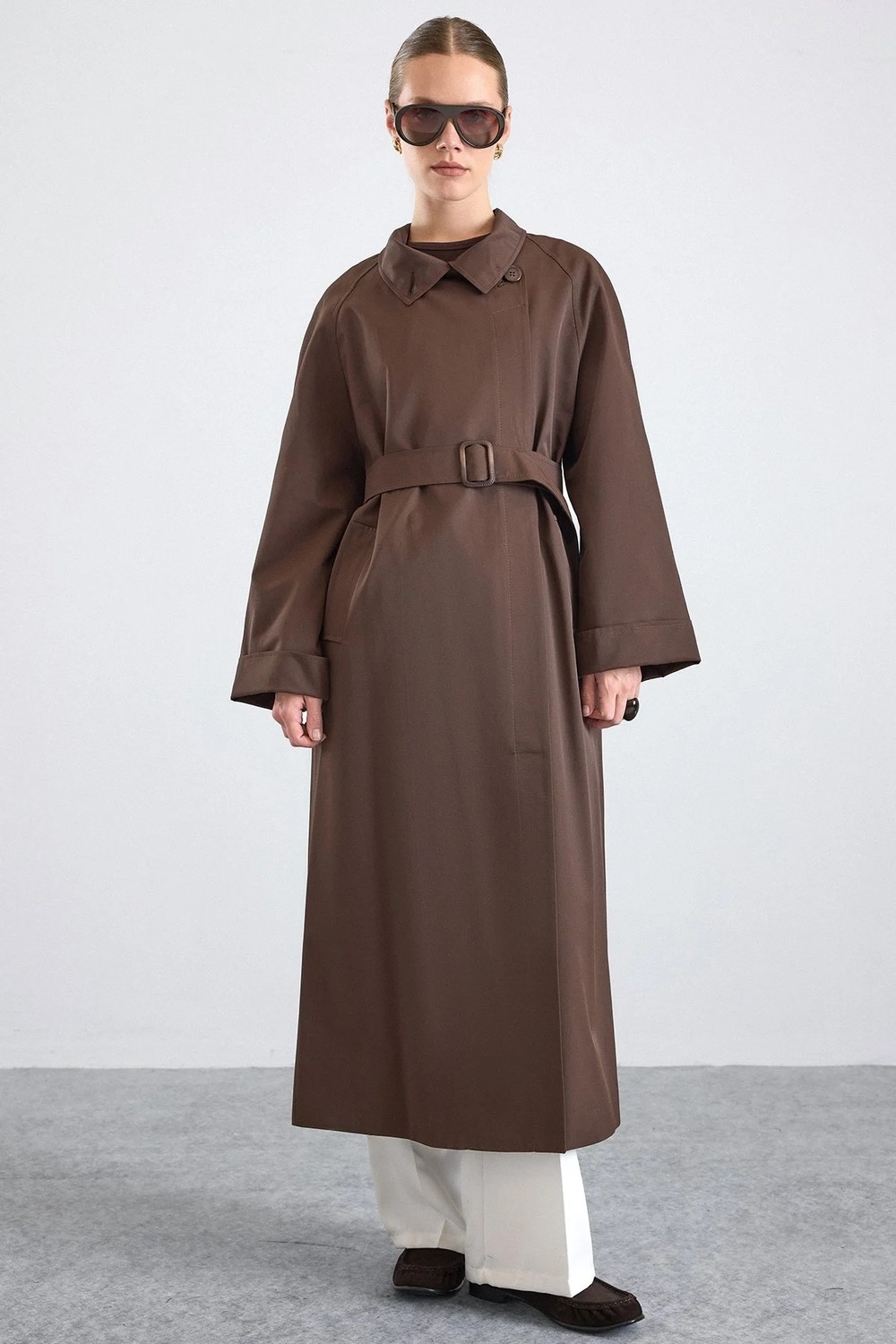 Olcay Dik Yaka Oversize Su Itici Özellikli Trençkot Kahve 6874 görsel 5