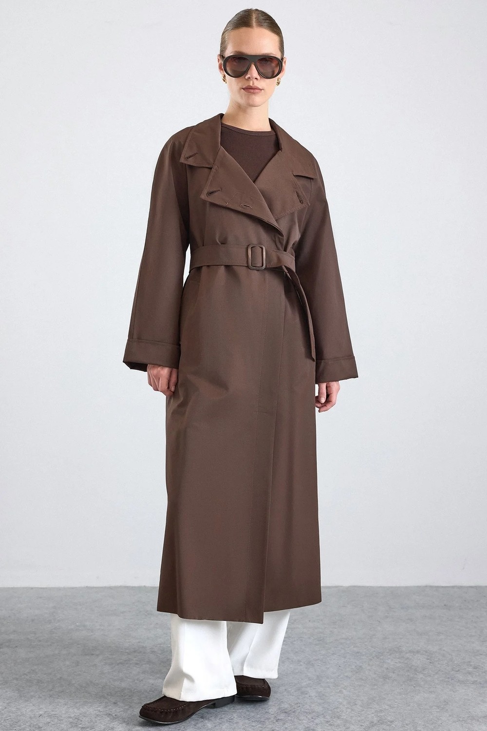 Olcay Dik Yaka Oversize Su Itici Özellikli Trençkot Kahve 6874 görsel 6