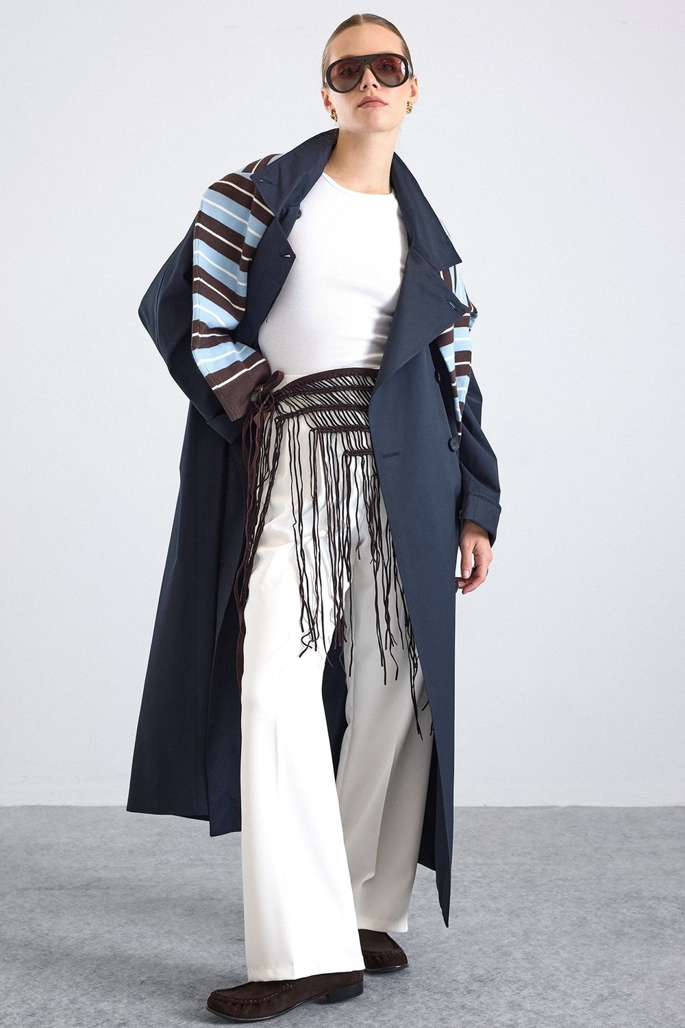 Olcay Dik Yaka Oversize Su Itici Özellikli Trençkot Lacivert 6874